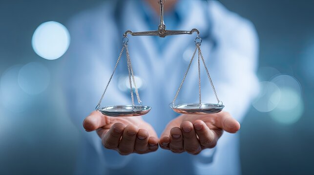 Doctor presenting scales of justice symbolizes medical ethics and healthcare balance