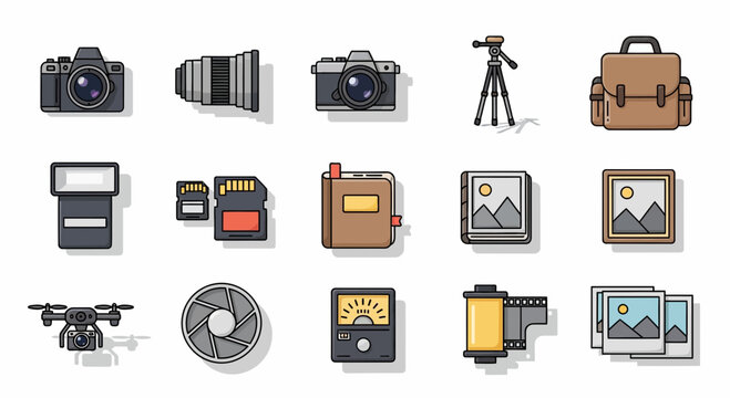 A collection of photography equipment and accessories arranged neatly on a surface, viewed from directly above, showcasing various camera models and related items.