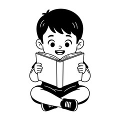 Little Boy Reading Book Line Art Illustration Vector
