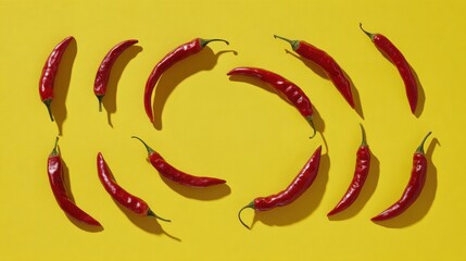 Red chili peppers arranged in circular pattern on yellow background. Minimal spicy food concept with vibrant contrast. Creative flat lay composition of fresh hot peppers
