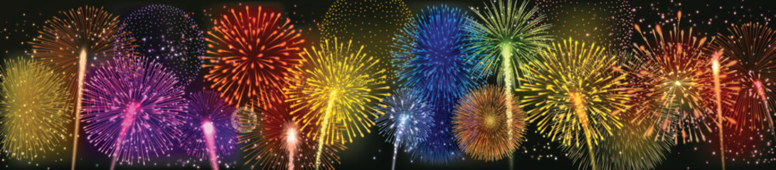 Colourful fireworks celebration panoramic banner vector illustration