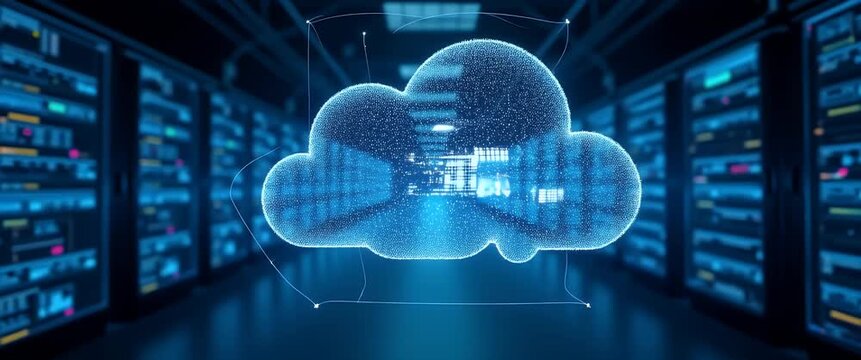 Futuristic cloud technology visualized in a server room, with digital particles subtly shifting; the camera smoothly tracks through the illuminated data center in a cinematic style.