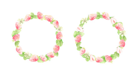 Watercolor pink strawberry wreath frame set with ripe red berries, slices, and white flowers for spring design.-300dpi-