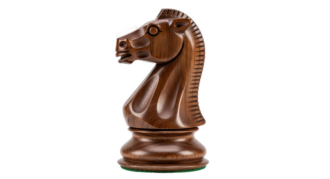 Dark brown wooden knight chess piece isolated PNG, handcrafted game piece on transparent background for board game design and strategy concepts