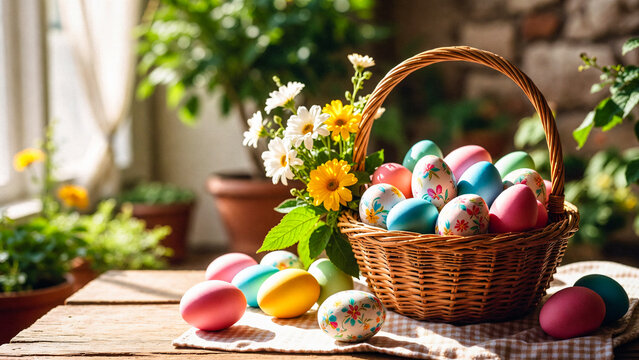 A wicker basket overflows with colorful, decorated Easter eggs amidst flowers and greenery. Sunlight streams through a window.