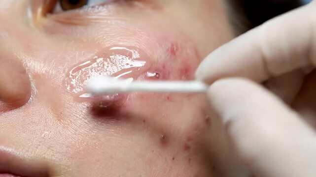 Acne Treatment Close Up - A close-up shot shows a person's cheek with several pimples being treated. A hand wearing a white glove is applying a clear liquid to the skin with a cotton swab.