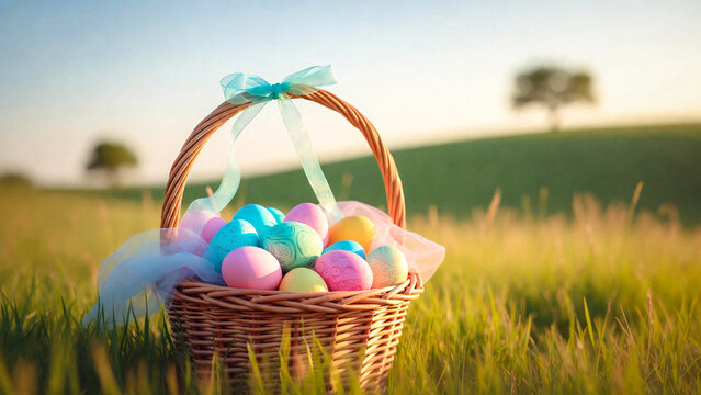 A wicker basket overflows with colorful Easter eggs in a grassy field. A blue ribbon adorns the basket.