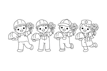 Naklejka premium Cartoon workers in various uniforms holding tools and flowers, vector illustration for labor day or workplace theme