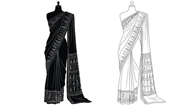 Two illustrations of a traditional indian sari draped on a mannequin