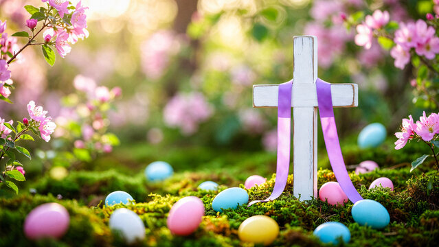 A white cross stands amidst blooming pink flowers and colorful Easter eggs in a mossy garden.
