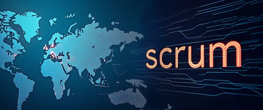 Global digital transformation concept with animated world map, Scrum text glowing, and dynamic data flow; cinematic style with slow camera pan and ambient network motion.