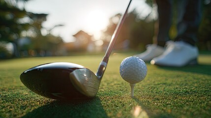 A pristine golf ball and club rest on dewkissed grass at dawn