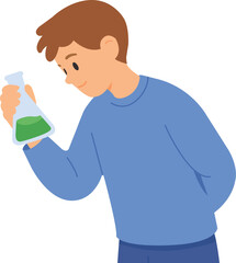 Boy examines green liquid in flask during science experiment at school lab in the afternoon