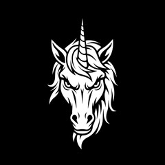 black white unicorn horse portrait illustration with horn in fantasy myth style creating bold elegant monochrome magical creature design for logo print poster and tattoo art