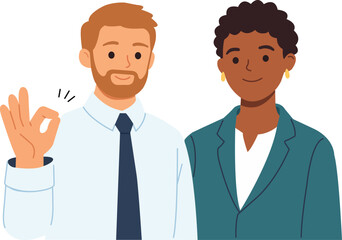 Two people posing for a logo design with smiles and gestures in a simple background