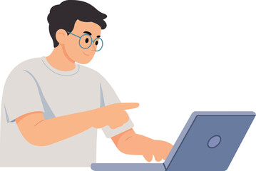 Man points at laptop while working on a task in a simple office setup in a home environment