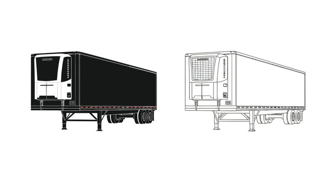 Two monochrome illustrations of a semi truck trailer design