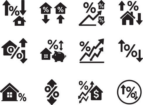 Low and high interest rate icon set with up and down percent symbols for finance trends design.