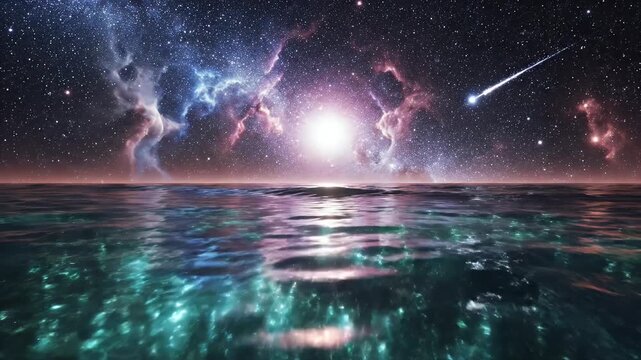 Cosmic Ocean - This video shows a starlit sky filled with nebulas and a shooting star above a calm ocean surface. The light from the sky reflects on the water creating a surreal and beautiful scene.