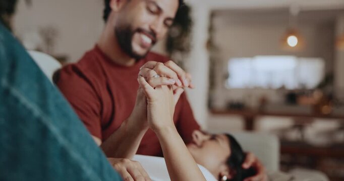 Happy couple, holding hands and relax on sofa with love, support and connection for Valentines Day. People, conversation and smile in home with affection, trust and bonding for marriage commitment.