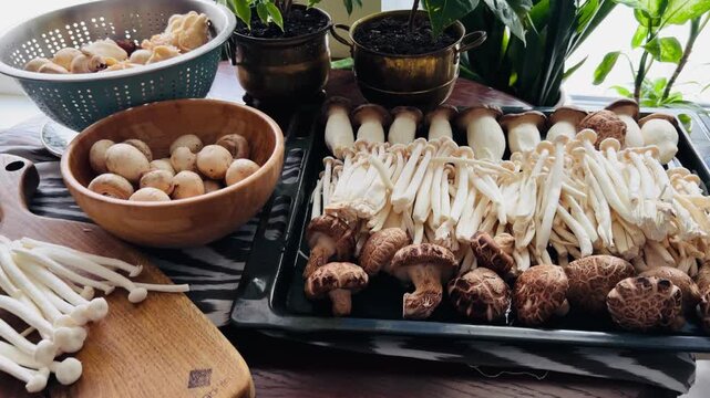 Assorted fresh mushrooms: king oyster, shiitake, enoki, and champignons on a baking sheet and in bowls. Kitchen scene with green plants, ideal for cooking process and healthy food concepts.