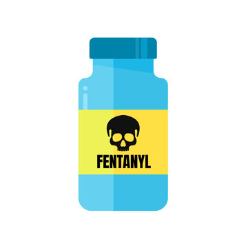 Fentanyl bottle with skull icon and warning label
