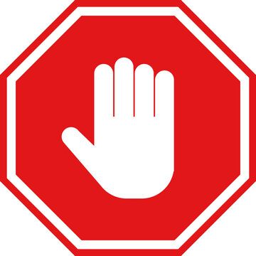 Red stop sign with white open hand symbol indicating halt or prohibition