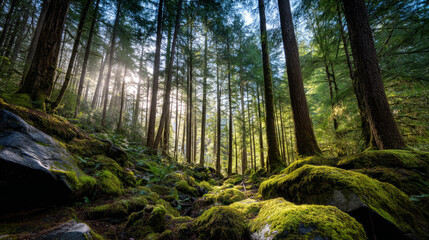 Obraz premium Beautiful forest background for screensaver. with sunbeams. Calm close-up of fairytale forest and nature landscape, panorama. Summer vacation, holiday, amazing nature.