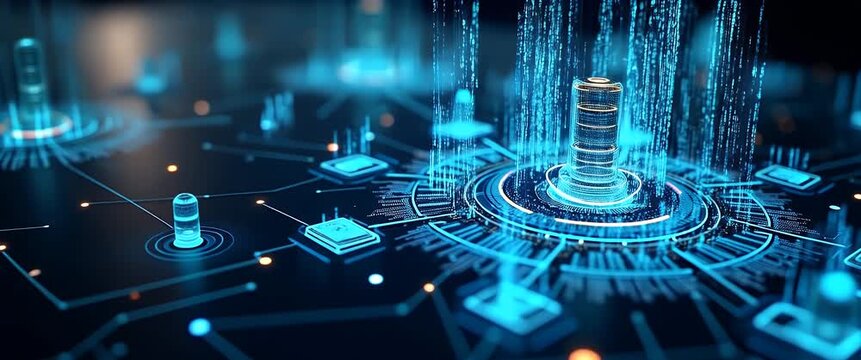 Futuristic digital network animation with glowing circuit board and data flow, featuring slow camera pan and ambient lighting flicker, in a sleek, cinematic style.