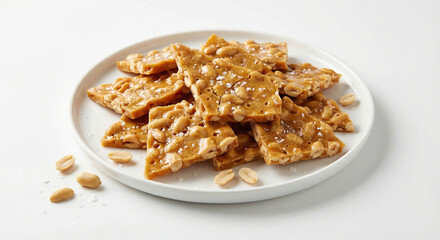 Crunchy Peanut Brittle Candy on White Plate, Isolated on White Background.