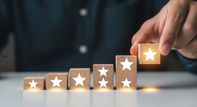 Person aligning wooden blocks with star ratings to indicate progress or improvement.