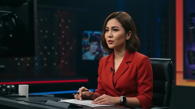 Female News Anchor in Studio Setting.