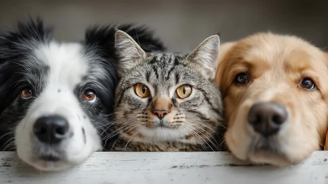 Four pets pose together showing different expressions at home in a family setting