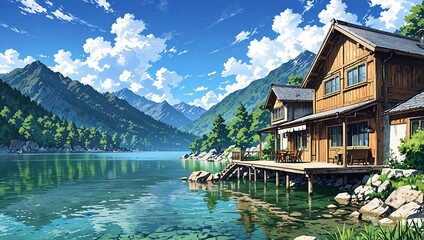 Obraz premium Serene anime landscape: A rustic wooden house overlooks a pristine lake, with towering mountains and a vibrant blue sky.
