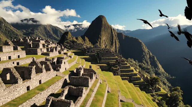 Machu Picchu sits under bright sun with clouds in the background and lush mountains surrounding the ancient site
