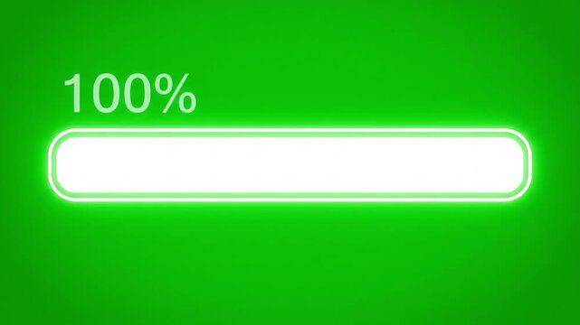 Loading bar reaching 100 percent completion on a bright green screen with glowing white progress bar