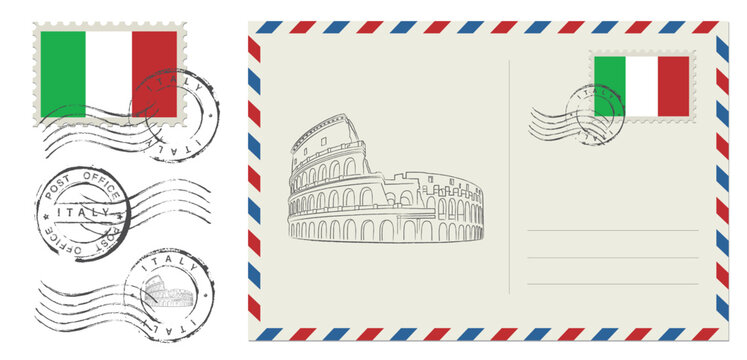 Blank post card with rubber stamp. Mockup realistic post card and postage stamp with Italy flag.
