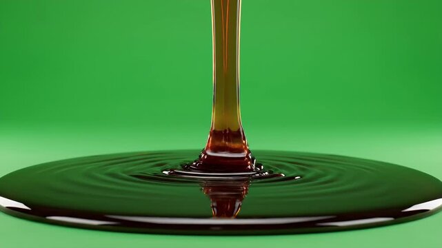 Golden Syrup Pouring - A stream of golden syrup pours into a pool of the same liquid, creating ripples on the surface. The backdrop is a solid green color, offering a clean and simple visual.