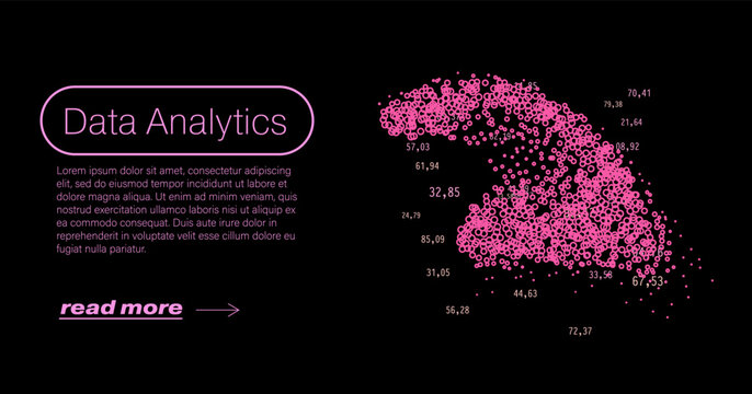 Vibrant neon vector illustration features a dense pink scatter plot cluster of numbered particles forming an irregular data shape on black background, with Data Analytics title.