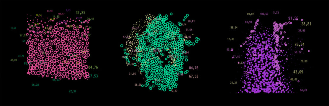 Vibrant neon vector illustration presents three clustered scatter plots of glowing particles with random numbers in pink, teal cyan, and purple hues forming dense data distributions.