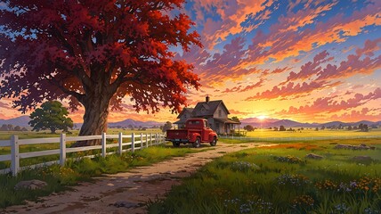Fototapeta premium Vibrant Rural Sunset Landscape Illustration with Red Pickup Truck, Farmhouse, and Autumn Tree