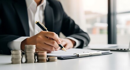A person in a suit writing on a document surrounded by stacks of coins.