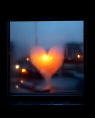 Heart shape drawn on a foggy window pane with warm city lights glowing through at twilight, creating a romantic and cozy mood on a rainy night.
