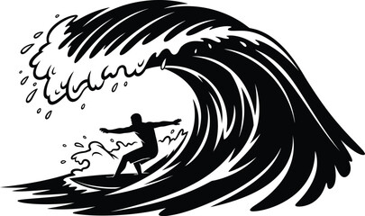 a striking black and white illustration depicts a surfer skillfully riding a powerful curling ocean wave with spray and motion © mhk365