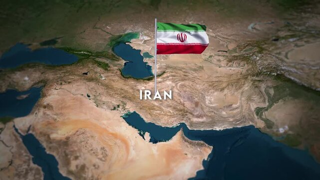 The Flag of Iran on the World Map, the Iran flag waving on the 3d map animation 4K