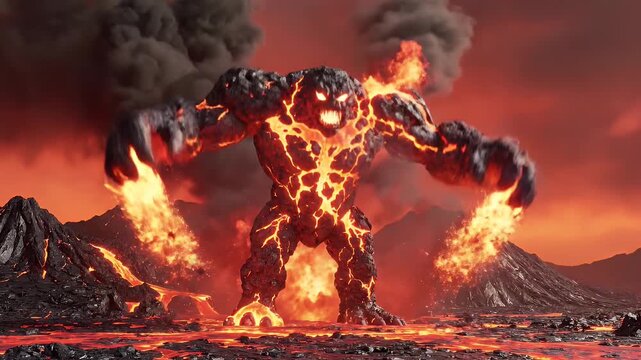 Lava Golem Rising - This video depicts a large, imposing lava golem standing in a volcanic landscape. The golem is made of dark rock with glowing cracks of lava, set against a backdrop of fiery