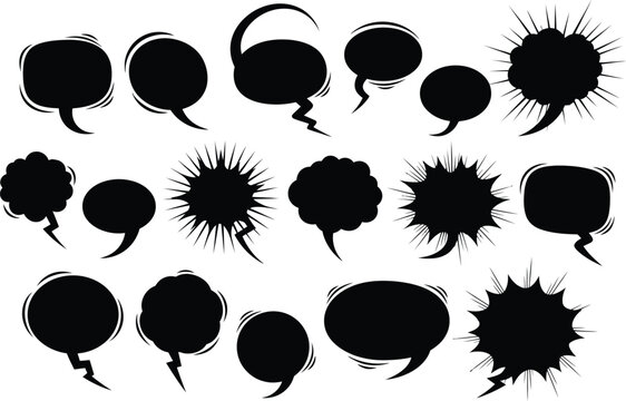 a collection of various black comic book speech bubbles and explosion effects presented in a dynamic and illustrative arrangement showcasing textual expression