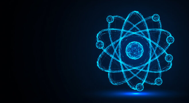 High-detail 3D illustration of an atom model with glowing blue electrons orbiting a nucleus, set against a dark background for a futuristic effect.