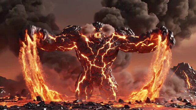 Lava Monster Eruption - A monstrous figure made of rock and glowing lava stands amidst a volcanic landscape. Black smoke billows in the background as rivers of lava flow around the creature.