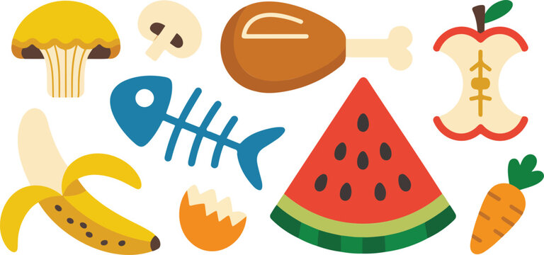 Food Waste Cartoon Icon Set  Fruit Peels, Bones, and Leftover Scraps